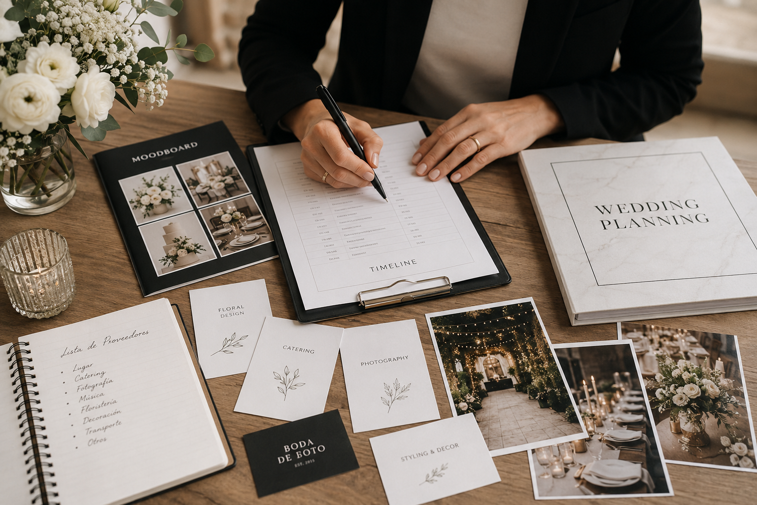Mesa de planificación de boda con moodboard, timeline, lista de proveedores y documento de wedding planning