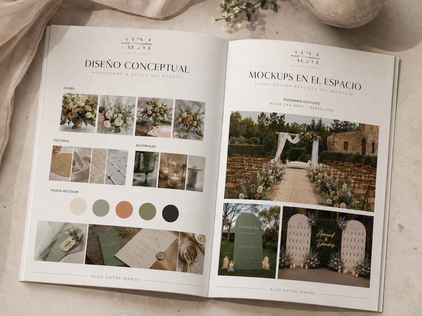 Dossier de diseño conceptual de boda abierto con moodboard, paleta de colores, materiales y mockups realistas del espacio