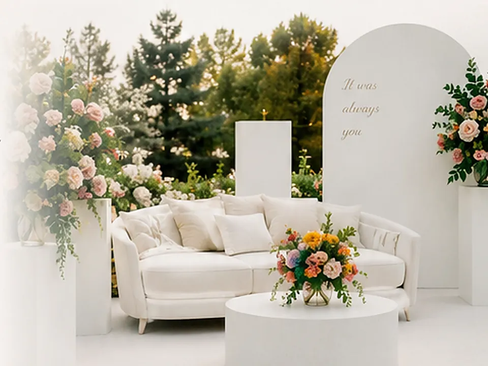 Montaje final de un rincón de boda personalizado con flores, mobiliario y paneles decorativos