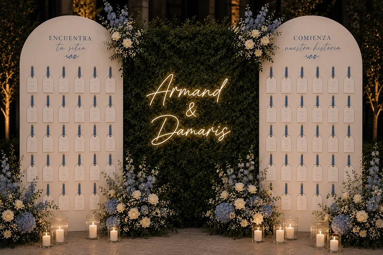 Seating plan personalizado con paneles, flores e iluminación de neón